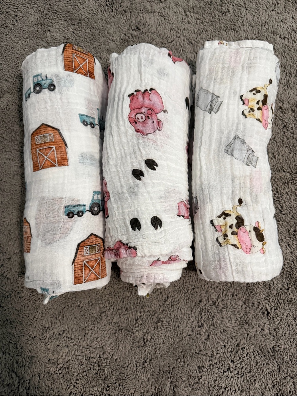 Farm Animal Muslin Baby Swaddle Set - White with Pink and Brown Prints